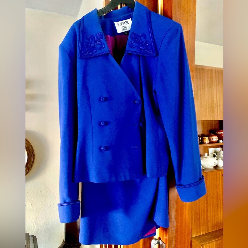 Vintage Kasper Blue Skirt Suit Embroidered Jacket 12P